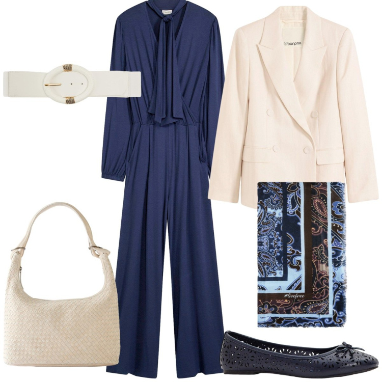 Outfit donna - Blue and White. Stile Casual chic per Scuola/Università. Abbinamento con ballerine, blazer, shopping bag, tute, cinture, foulard.
