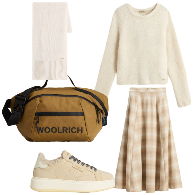 Outfit donna - Fine novembre. Stile Casual chic per Scuola/Università. Abbinamento con borse a tracolla, gonne lunghe, maglieria, sneakers, sciarpe.
