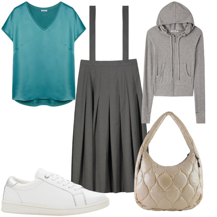 Outfit donna - Total look #2292401. Stile Sporty chic per Tutti i giorni. Abbinamento con sneakers, felpe con cappuccio, borse tote, gonne lunghe, bluse.