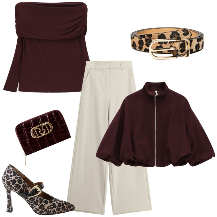 Outfit donna - Total look #2292402. Stile Chic per Serata fuori. Abbinamento con portafogli, maglieria, pantaloni a palazzo, bomber, décolleté, cinture.