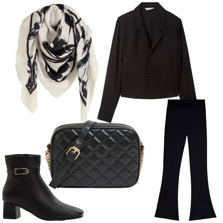 Outfit donna - Leggera. Stile Casual chic per Ufficio. Abbinamento con foulard, stivaletti, borse a tracolla, camicie, pantaloni.