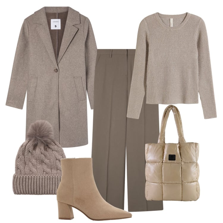 Outfit donna - Stilosa tutti i giorni. Stile Casual chic per Tutti i giorni. Abbinamento con maglieria, stivaletti, pantaloni a palazzo, berretti, cappotti, shopping bag.