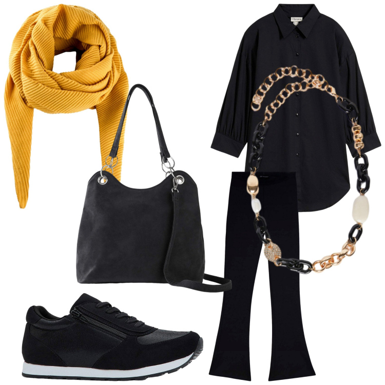 Outfit donna - Chic. Stile Casual chic per Ufficio. Abbinamento con camicie, sneakers, foulard, borse a mano, pantaloni, collane.