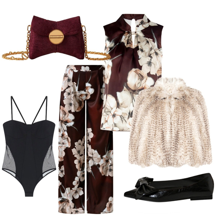 Outfit donna - Look glamour con i colori dell\'eleganza. Stile Glamour per Serata fuori. Abbinamento con ecopellicce, pantaloni a palazzo, top, ballerine, body, borse a tracolla.