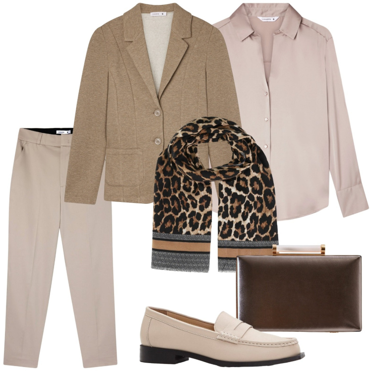 Outfit donna - Camicia e foulard. Stile Minimal per Tutti i giorni. Abbinamento con mocassini, foulard, clutch, pantaloni chino, camicie, blazer.