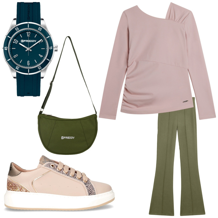Outfit donna - Sporty me. Stile Sporty chic per Tutti i giorni. Abbinamento con pantaloni, maglieria, borse a spalla, orologi, sneakers.