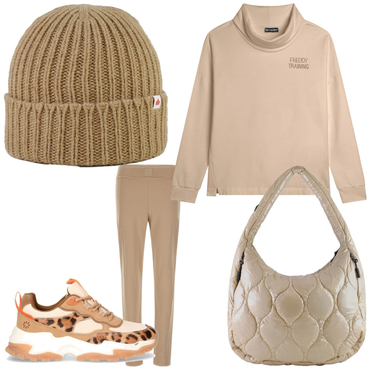 Outfit donna - Sporty beige. Stile Sporty chic per Tutti i giorni. Abbinamento con pantaloni, felpe, cappelli, borse tote, sneakers alte.
