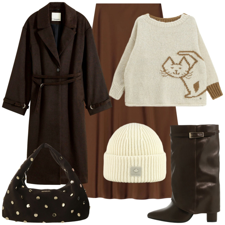 Outfit donna - Calda e glam. Stile Glamour per Tutti i giorni. Abbinamento con cappotti, maglieria, gonne lunghe, stivali, borse a spalla, berretti.