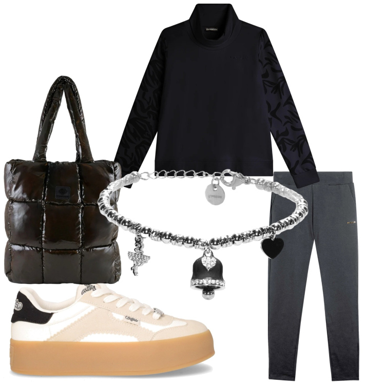 Outfit donna - Lunedì. Stile Sporty chic per Tutti i giorni. Abbinamento con felpe, braccialetti, pantaloni, shopping bag, sneakers.