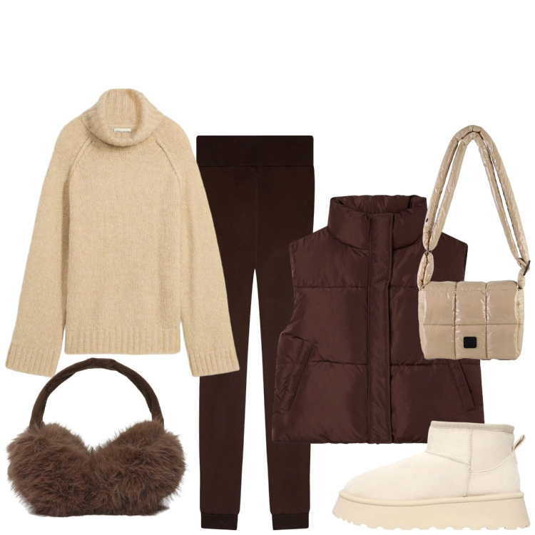 Outfit donna - Brown and milk. Stile Casual per Tutti i giorni. Abbinamento con maglieria, leggings, piumini, cappelli, stivaletti, borse a spalla.
