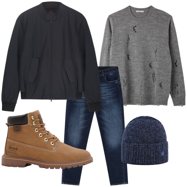 Outfit uomo - Stile da viaggio. Stile Casual per Tutti i giorni. Abbinamento con stivali e stivaletti, maglieria, jeans dritti, cappelli, bomber.