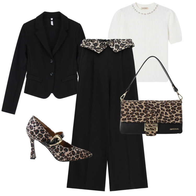 Outfit donna - Total look apericena. Stile Chic per Serata fuori. Abbinamento con pullovers, décolleté, blazer, pantaloni a palazzo, borse a spalla.