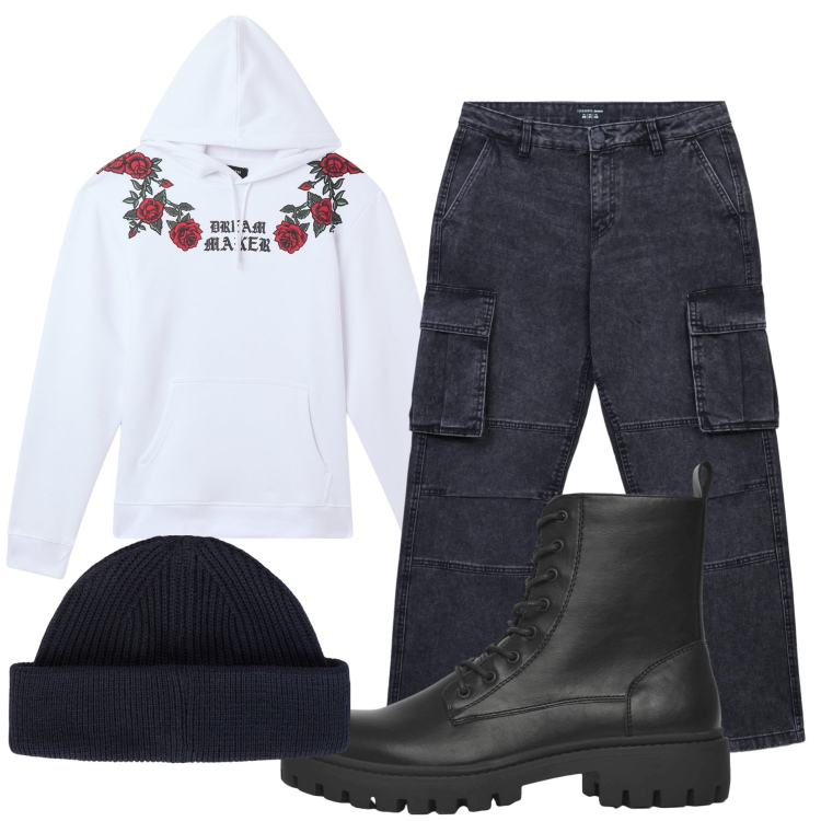 Outfit uomo - Rose invernali. Stile Urban per Tutti i giorni. Abbinamento con felpe con cappuccio, anfibi, jeans, berretti.