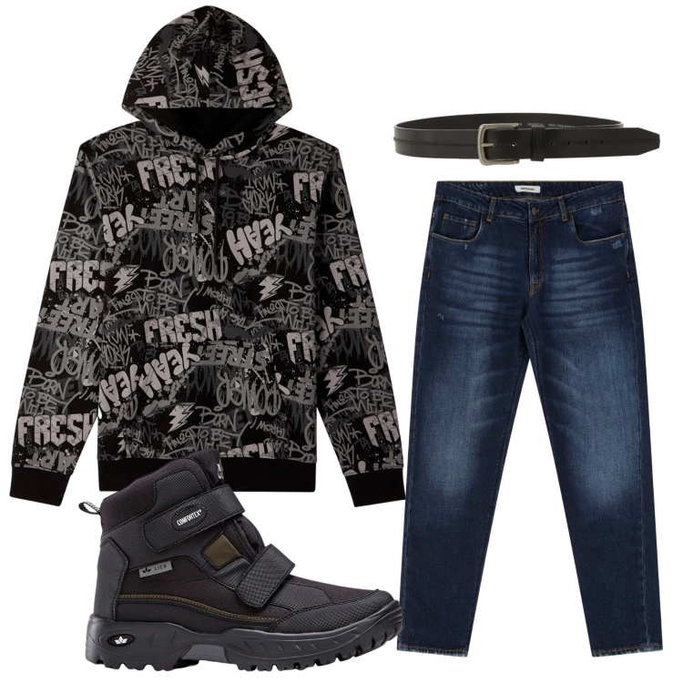Outfit uomo - Total look #2292442. Stile Urban per Tutti i giorni. Abbinamento con stivali e stivaletti, felpe con cappuccio, jeans dritti, cinture.