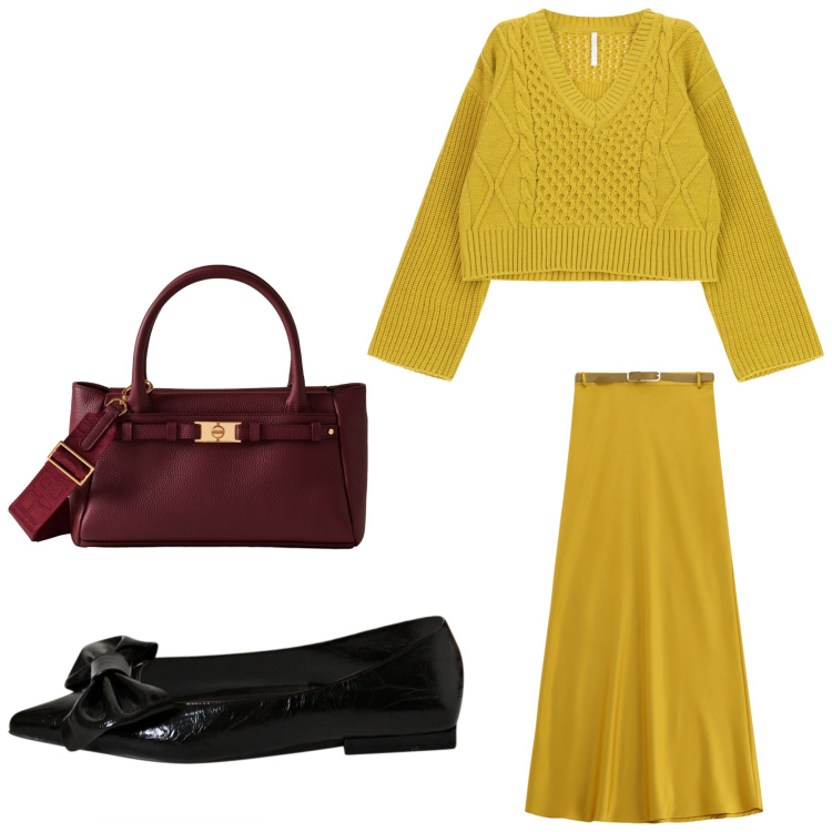 Outfit donna - Senape. Stile Chic per Tutti i giorni. Abbinamento con ballerine, gonne lunghe, maglieria, borse a mano.