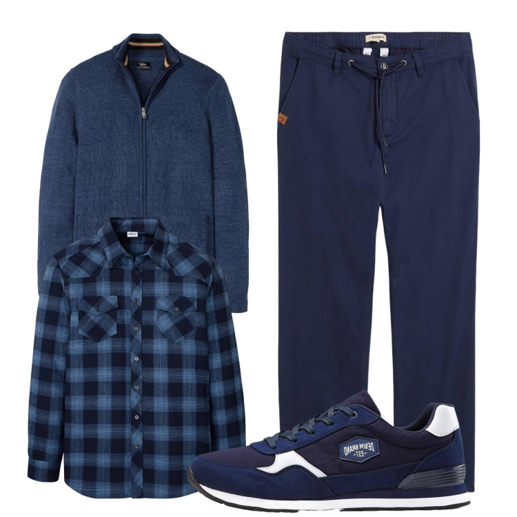 Outfit uomo - Blu. Stile Casual per Tutti i giorni. Abbinamento con cardigans, sneakers, camicie, pantaloni chino.