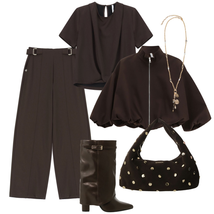 Outfit donna - Cioccolato di sera. Stile Casual chic per Serata fuori. Abbinamento con pantaloni a palazzo, stivali, bluse, bomber, borse a spalla, ciondoli.