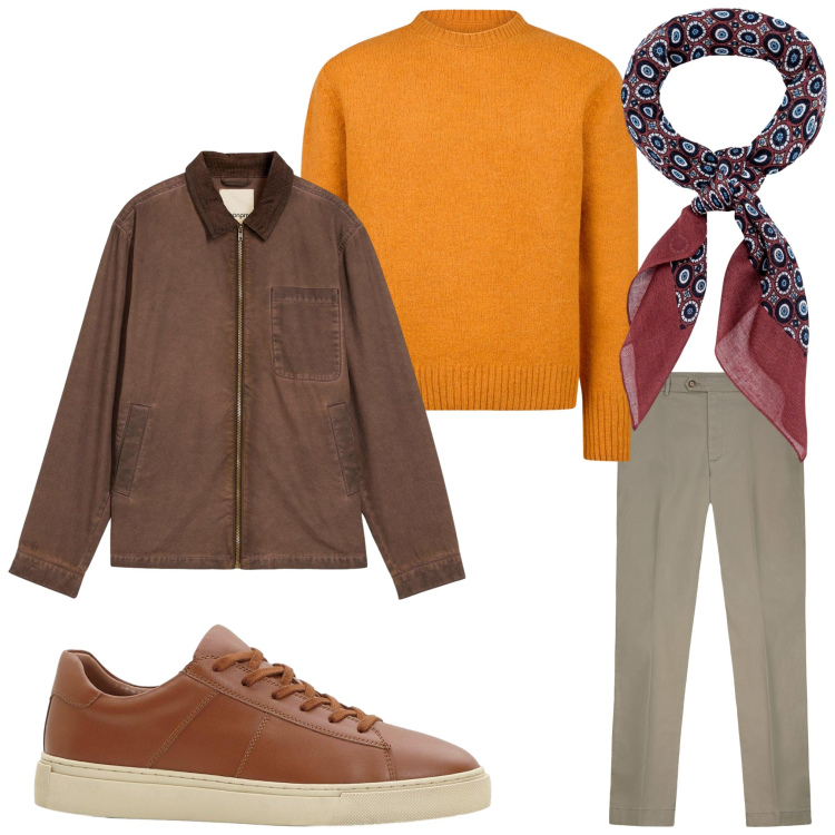 Outfit uomo - buon viaggio. Stile Casual per Tutti i giorni. Abbinamento con giacche, sneakers, pantaloni chino, maglieria, sciarpe e foulard.