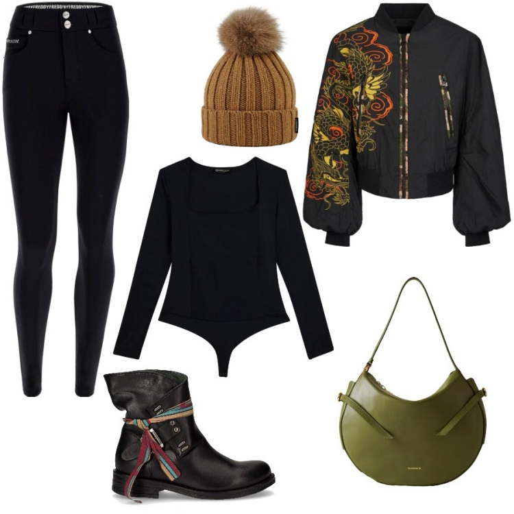 Outfit donna - November rain. Stile Sporty chic per Tutti i giorni. Abbinamento con borse a spalla, body, pantaloni skinny, bomber, berretti, anfibi.