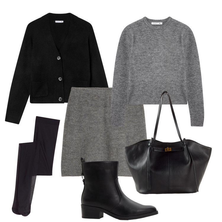 Outfit donna - A tutta maglia. Stile Urban per Tutti i giorni. Abbinamento con stivaletti, shopping bag, minigonne, collant, cardigans, maglieria.