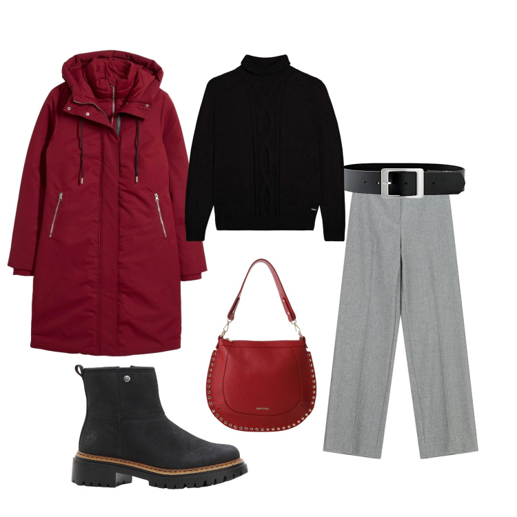 Outfit donna - Gita fuori porta. per Tutti i giorni. Abbinamento con piumini, cinture, stivaletti, pantaloni a palazzo, borse a spalla, maglieria.