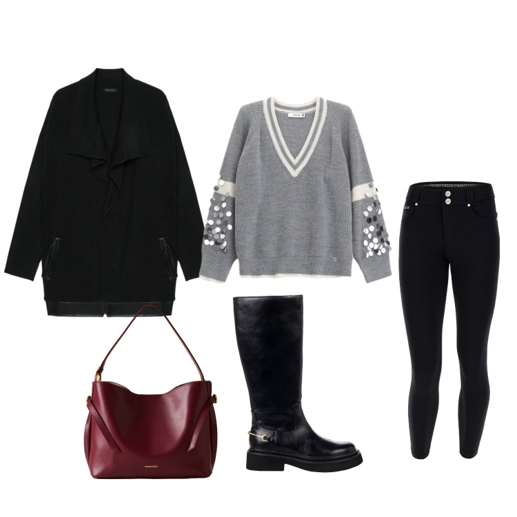 Outfit donna - In città. per Tutti i giorni. Abbinamento con maglieria, stivali sopra il ginocchio, borse a mano, pantaloni skinny, cardigans.