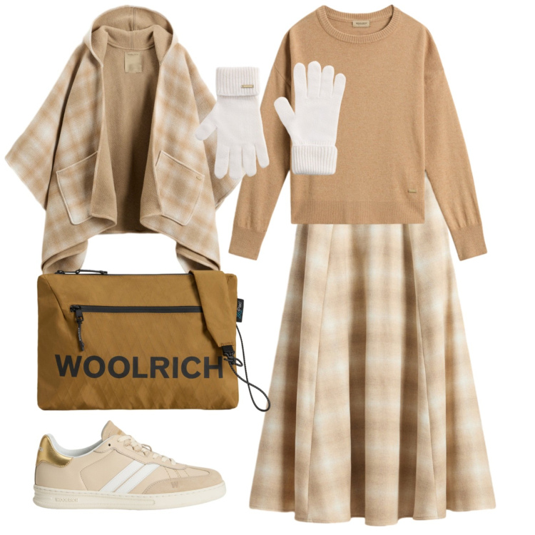 Outfit donna - Giornata scozzese. Stile Casual chic per Tutti i giorni. Abbinamento con sneakers, borse a tracolla, maglieria, gonne lunghe, guanti, cappe.