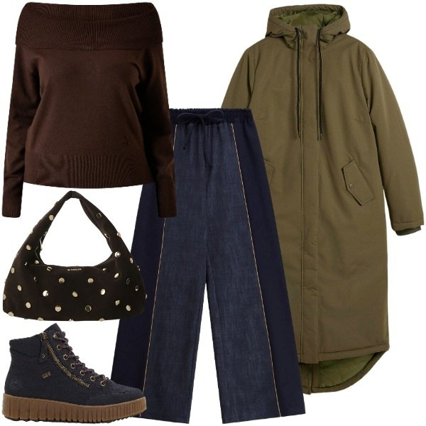 Outfit donna - passeggiata. Stile Urban per Tutti i giorni. Abbinamento con blazer, sneakers alte, maglieria, pantaloni a palazzo, borse a spalla.