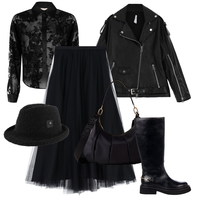 Outfit donna - Tulle e devoré rock. Stile Rock per Tutti i giorni. Abbinamento con camicie, stivali sopra il ginocchio, gonne lunghe, giacche, borse a spalla, cappelli.