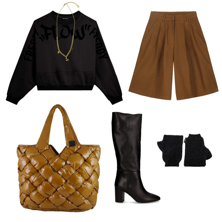Outfit donna - Caramello. Stile Casual chic per Ufficio. Abbinamento con ciondoli, felpe, borse tote, guanti, bermuda, stivali.