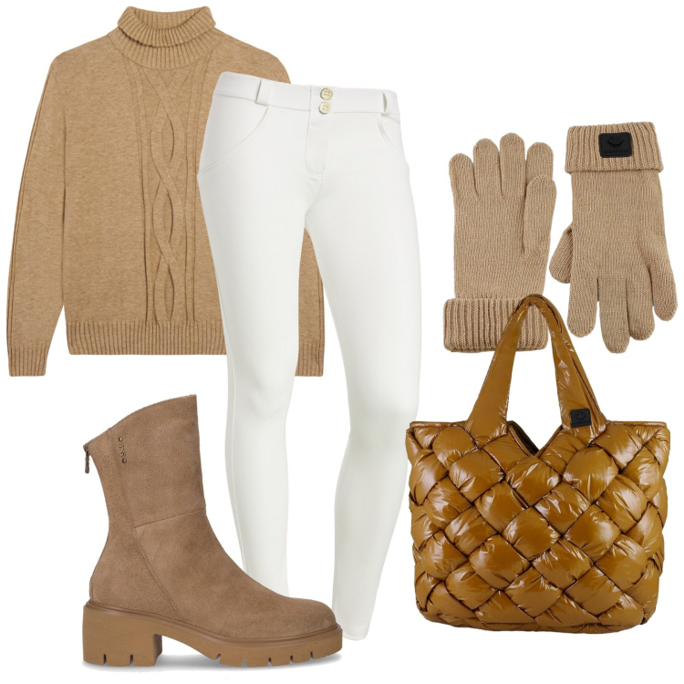 Outfit donna - A Novembre bella comoda. Stile Casual chic per Tutti i giorni. Abbinamento con pantaloni skinny, maglieria, guanti, borse tote, stivaletti.