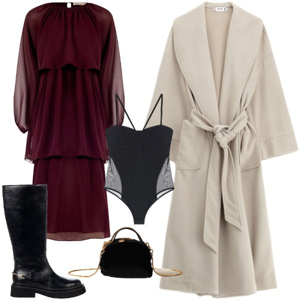 Outfit donna - abito a balze. Stile Chic per Serata fuori. Abbinamento con cappotti, vestiti lunghi, stivali sopra il ginocchio, body, borse a mano.