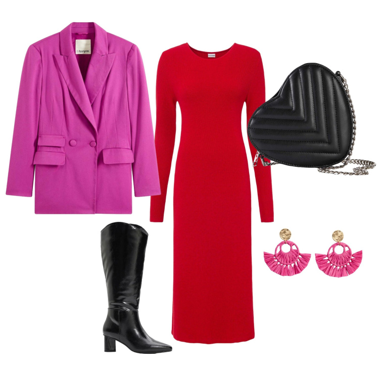 Outfit donna - Pink Christmas. per Serata fuori. Abbinamento con vestiti, orecchini, borse a tracolla, stivali, blazer.