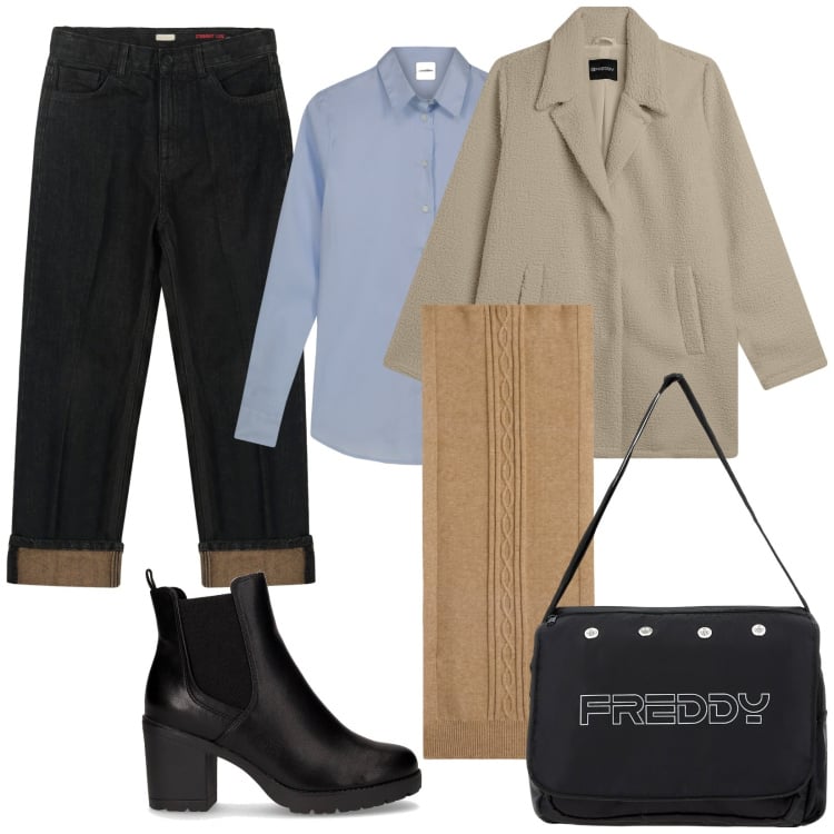Outfit donna - Casual, chic, leggero. Stile Casual chic per Tutti i giorni. Abbinamento con sciarpe, cappotti, borse messenger, jeans dritti, camicie, stivaletti chelsea.