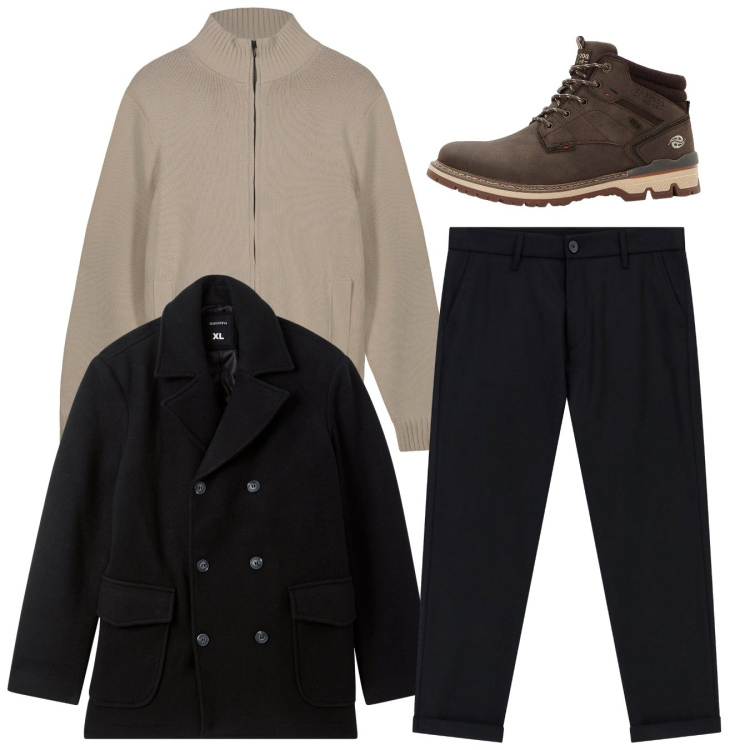 Outfit uomo - Total look. Stile Casual per Tutti i giorni. Abbinamento con stivali e stivaletti, caban, pantaloni, cardigans.
