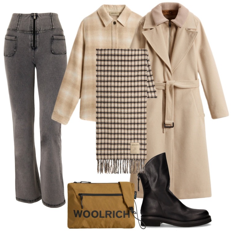 Outfit donna - Beige Casual chic. Stile Casual chic per Tutti i giorni. Abbinamento con jeans, borse a tracolla, sciarpe, camicie, cappotti, stivaletti.