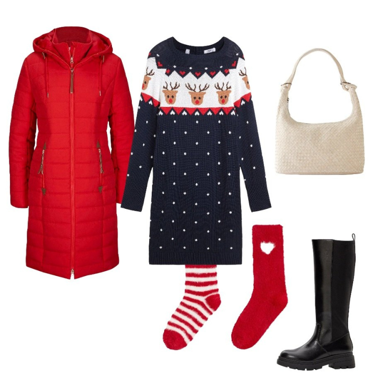 Outfit donna - In attesa del natale. per Tutti i giorni. Abbinamento con blazer, shopping bag, stivali, calzini, vestiti.