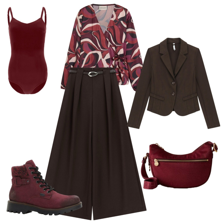 Outfit donna - Total look #2292499. Stile Casual chic per Tutti i giorni. Abbinamento con stivaletti, camicie, blazer, pantaloni a palazzo, borse a tracolla, body.