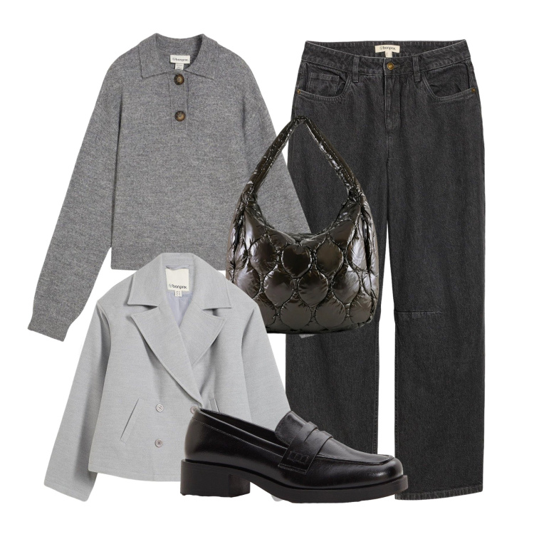Outfit donna - In città. Stile Casual chic per Tutti i giorni. Abbinamento con caban, mocassini, jeans, maglieria, borse tote.