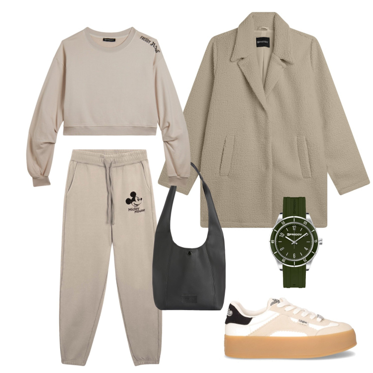 Outfit donna - Avana Sporty-chic. Stile Sporty chic per Tutti i giorni. Abbinamento con cappotti, felpe, pantaloni, borse a spalla, orologi, sneakers.