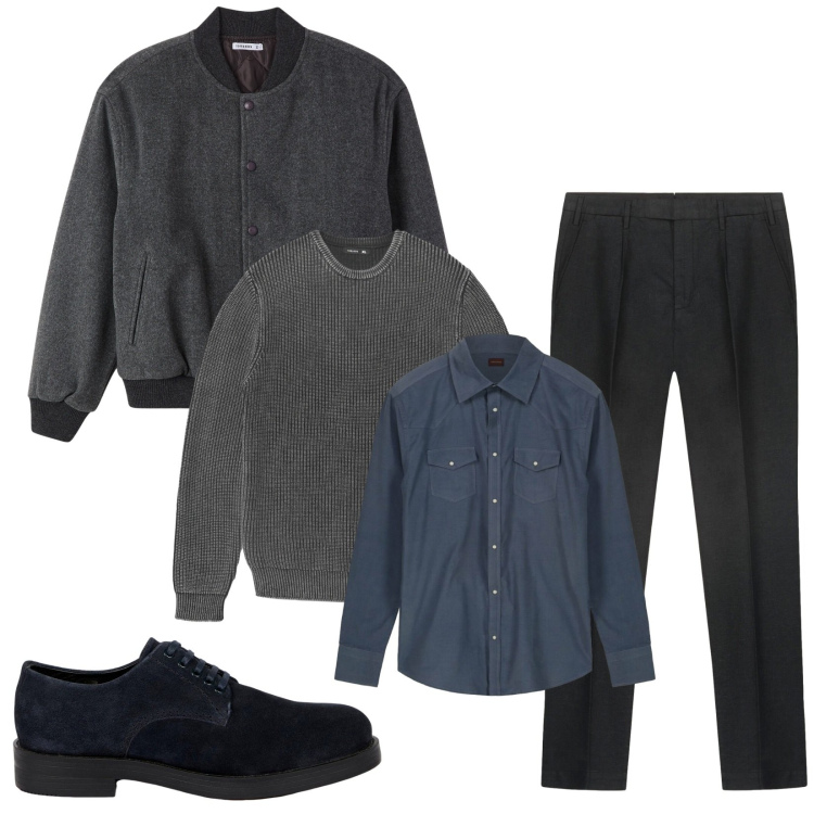 Outfit uomo - Total look #2292506. Stile Trendy per Tutti i giorni. Abbinamento con maglieria, bomber, camicie, scarpe stringate, pantaloni.