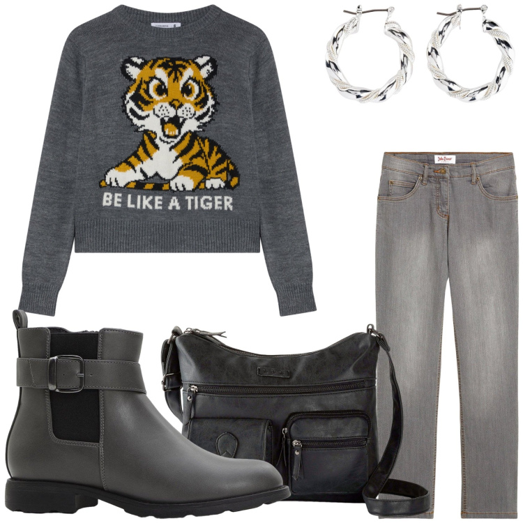 Outfit donna - Il freddo grigio. Stile Casual per Tutti i giorni. Abbinamento con jeans dritti, orecchini, borse a tracolla, stivaletti chelsea, maglieria.