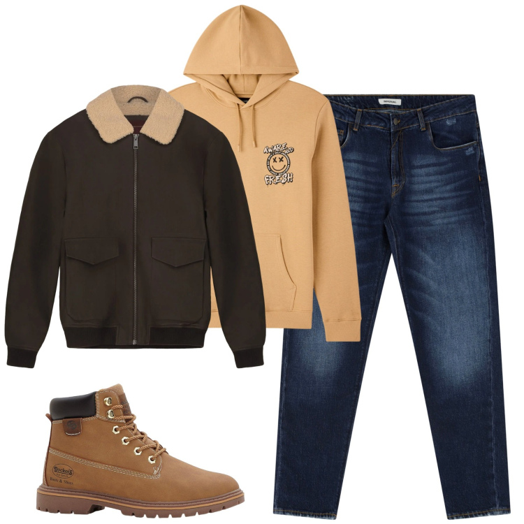 Outfit uomo - Novembre. Stile Casual per Tutti i giorni. Abbinamento con stivali e stivaletti, felpe con cappuccio, jeans dritti, bomber.