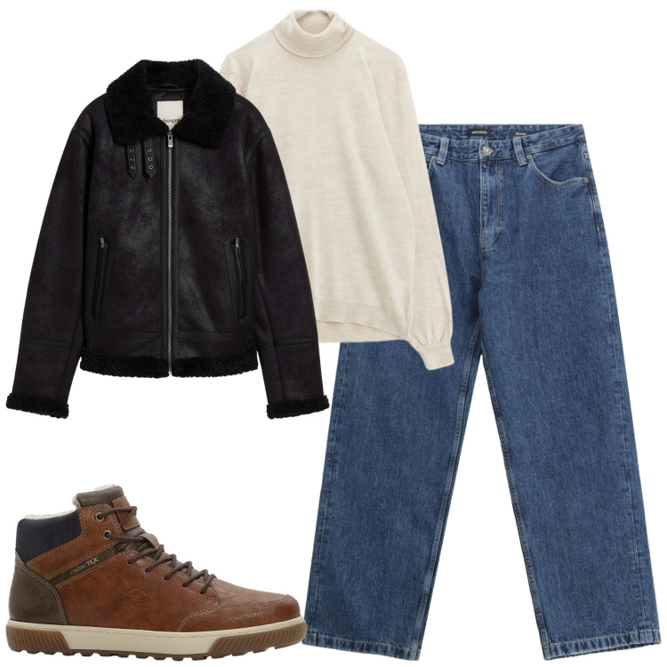 Outfit uomo - Total look #2292514. Stile Casual per Tutti i giorni. Abbinamento con giacche, sneakers alte, jeans, maglieria.
