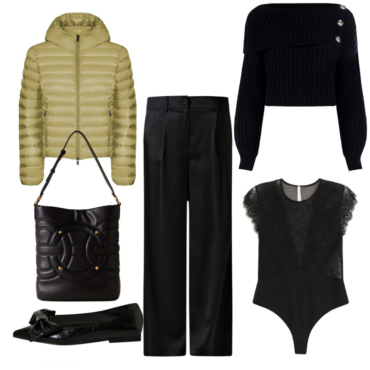 Outfit donna - Total look #2292515. Stile Casual chic per Tutti i giorni. Abbinamento con pantaloni, maglieria, ballerine, body, borse a secchiello, bomber.