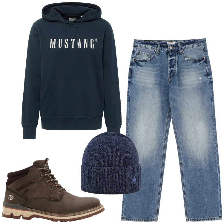 Outfit uomo - Total look #2292517. Stile Casual per Tutti i giorni. Abbinamento con felpe con cappuccio, stivali e stivaletti, jeans, cappelli.