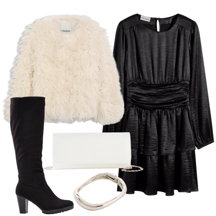 Outfit donna - Black & white. Stile Glamour per Serata fuori. Abbinamento con ecopellicce, stivali, braccialetti, pochette, vestiti corti.