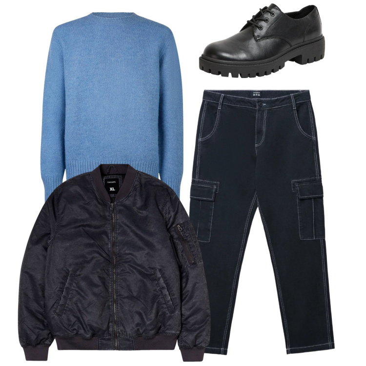 Outfit uomo - Total look. Stile Casual per Tutti i giorni. Abbinamento con scarpe stringate, bomber, pantaloni cargo, maglieria.