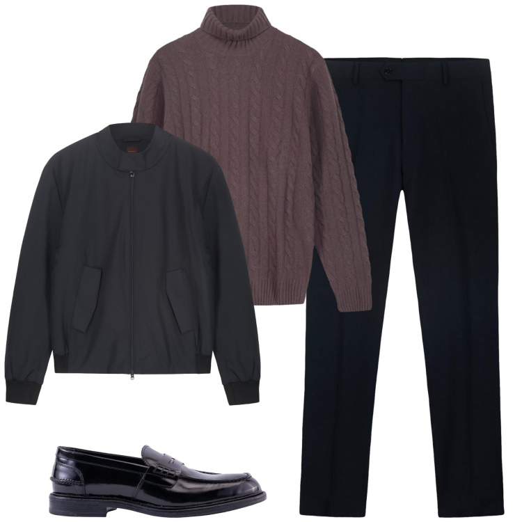 Outfit uomo - City. Stile Urban per Tutti i giorni. Abbinamento con pantaloni, scarpe stringate, bomber, maglieria.