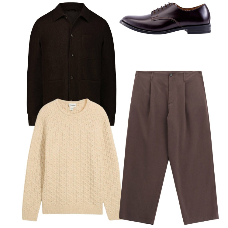 Outfit uomo - Total look. Stile Casual per Tutti i giorni. Abbinamento con maglieria, pantaloni, scarpe stringate, cappotti.